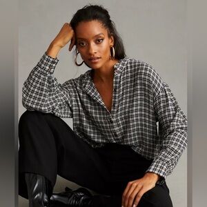 Anthropologie Pilcro Cropped Puff-Sleeve Soft Crinkle Plaid Blouse Medium